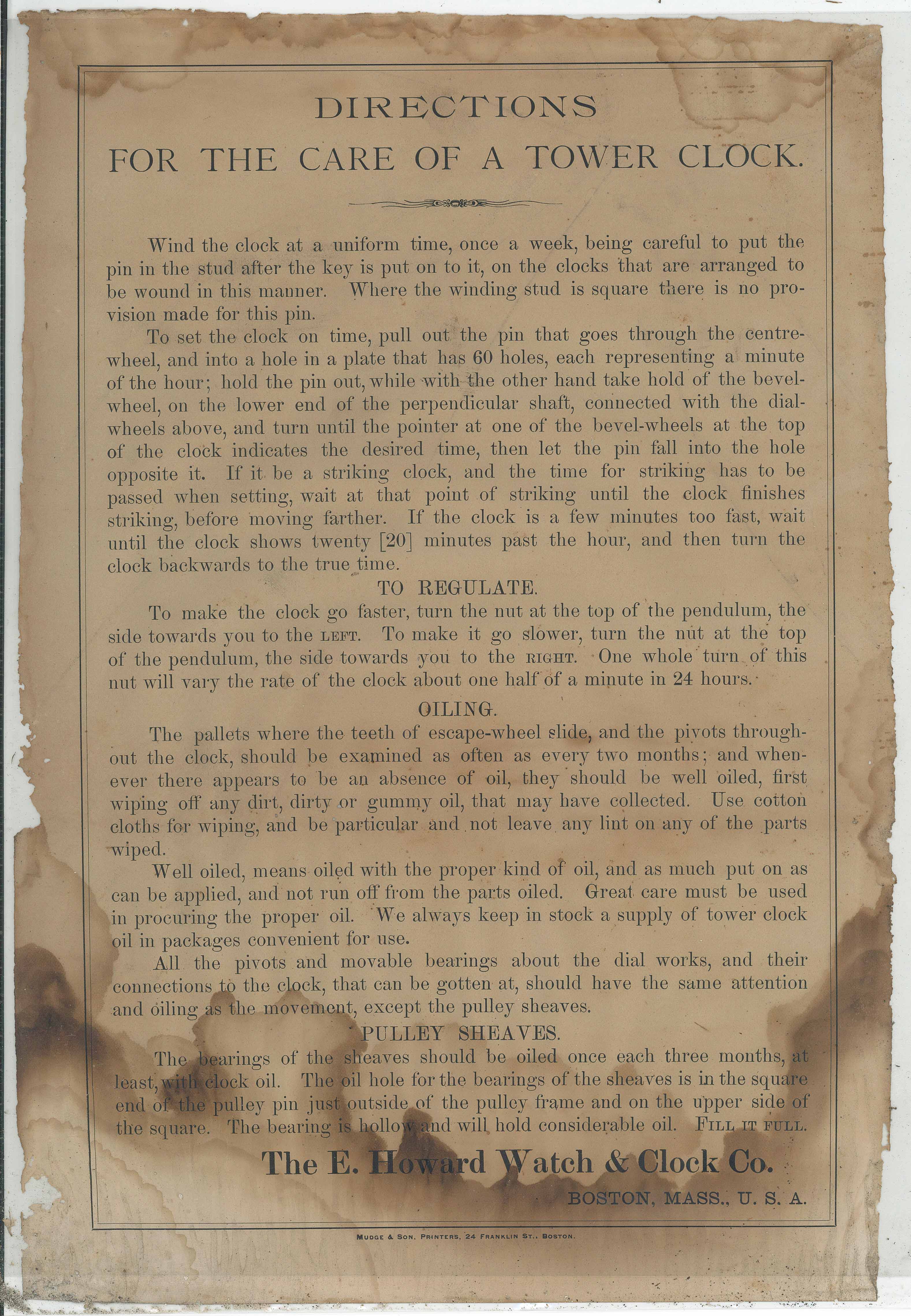 Directions for the care of the tower clock were included with the installation in 1899. These directions were followed for several decades by the caretakers of the Clock Tower.