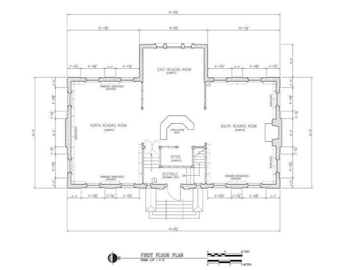Plan drawing of first floor of Grace Keiser Maring Library, HABS IN-303 (Spodek 2006)