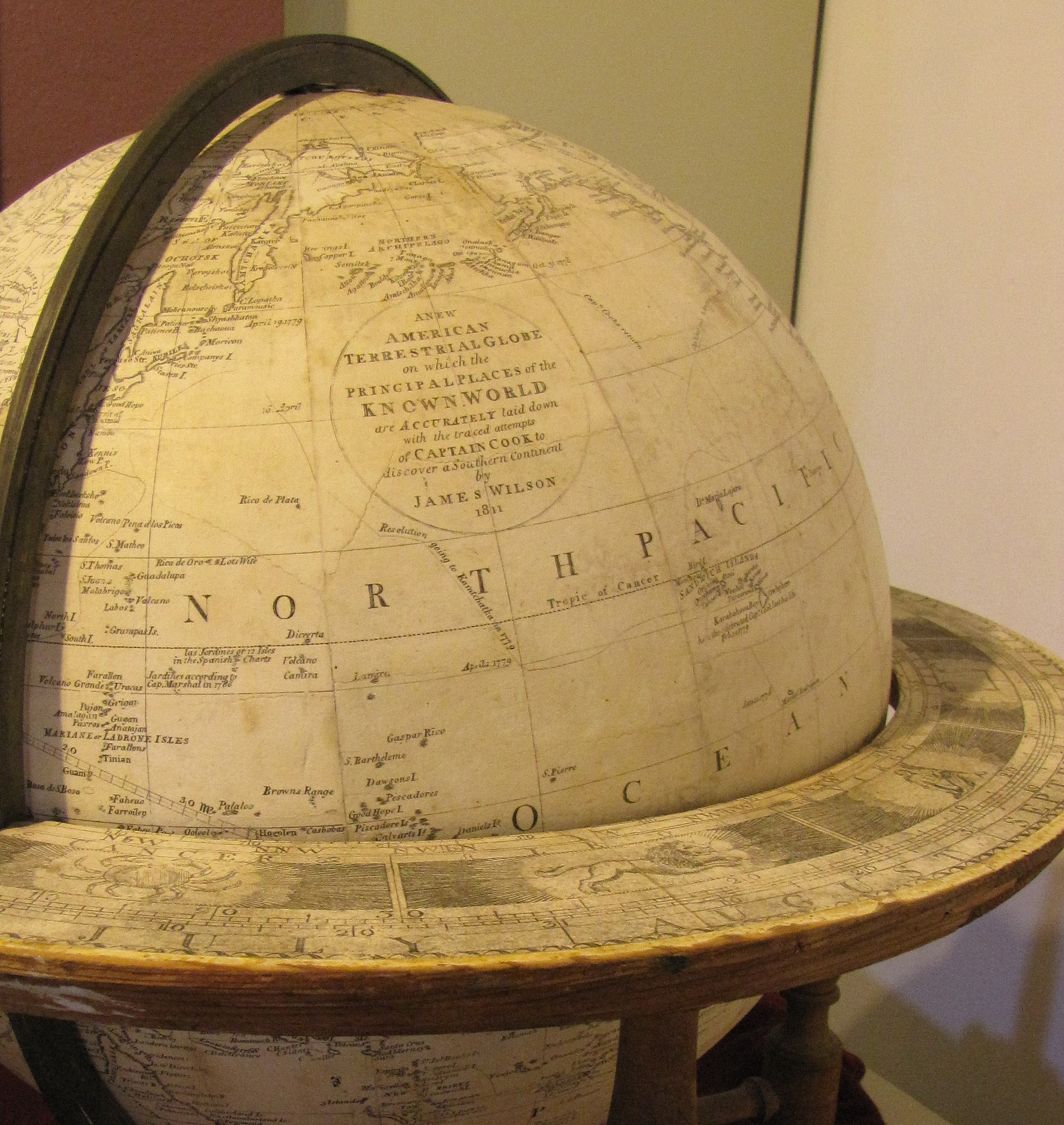 Widely considered to be the first successful globe maker of the New World, James Wilson was born in Londonderry, New Hampshire and moved as an adult to Bradford, Vermont.  He was self-taught, producing his first globes in 1810.  The first dated edition is the 1811, 13 1/2” style shown here.  It accurately depicts the principal places of the known world, including the route taken by Captain James Cook in his attempts to discover a southern continent.  Few of his globes are known to exist today.    This globe was used for many years in Dr. Ebenezer Lerned’s (1787-1831) Hopkinton Academy.  The Society’s 1875 catalogue has the following entry for the globe:  “…This Globe was willed by the late DR. EBENZER LEARNED, of HOPKINTON, to STEPHEN SIBLEY, ESQ., in whose Garret it was slightly injured by Rain.  When ’SQUIRE SIBLEY died, it was returned, and on the 29th of May, 1873, presented by DR. LEARNED’S Daughters to the PHILOMATHIC CLUB…”  The globe was restored in 2008/09 by Northeast Document Conservation Center of Andover, Massachusetts.