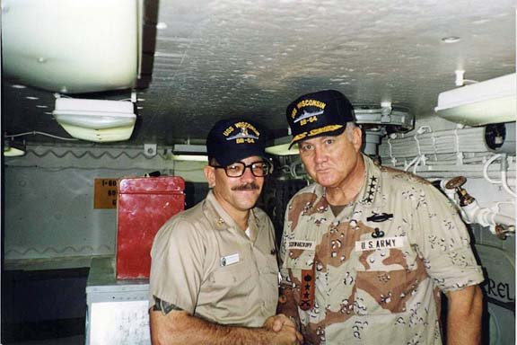 Crewman Bob Eisenberg on board the USS Wisconsin with General Norman Schwarzkopf, who commanded the allied forces during Operation Desert Storm. Photo courtesy of USSWisconsin.org.