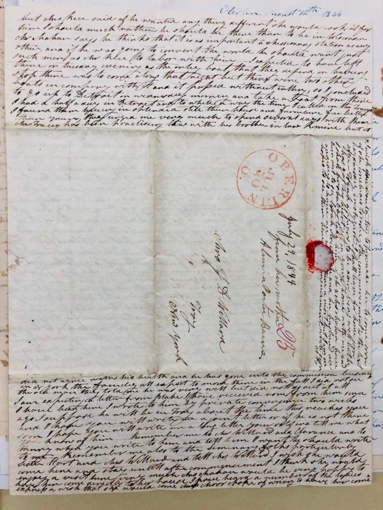 This letter is written between Almira Porter Barnes and her daughter that is kept in the Oberlin College archives. It was transcribed by students at Huron University College for a project after a visit to the archives.