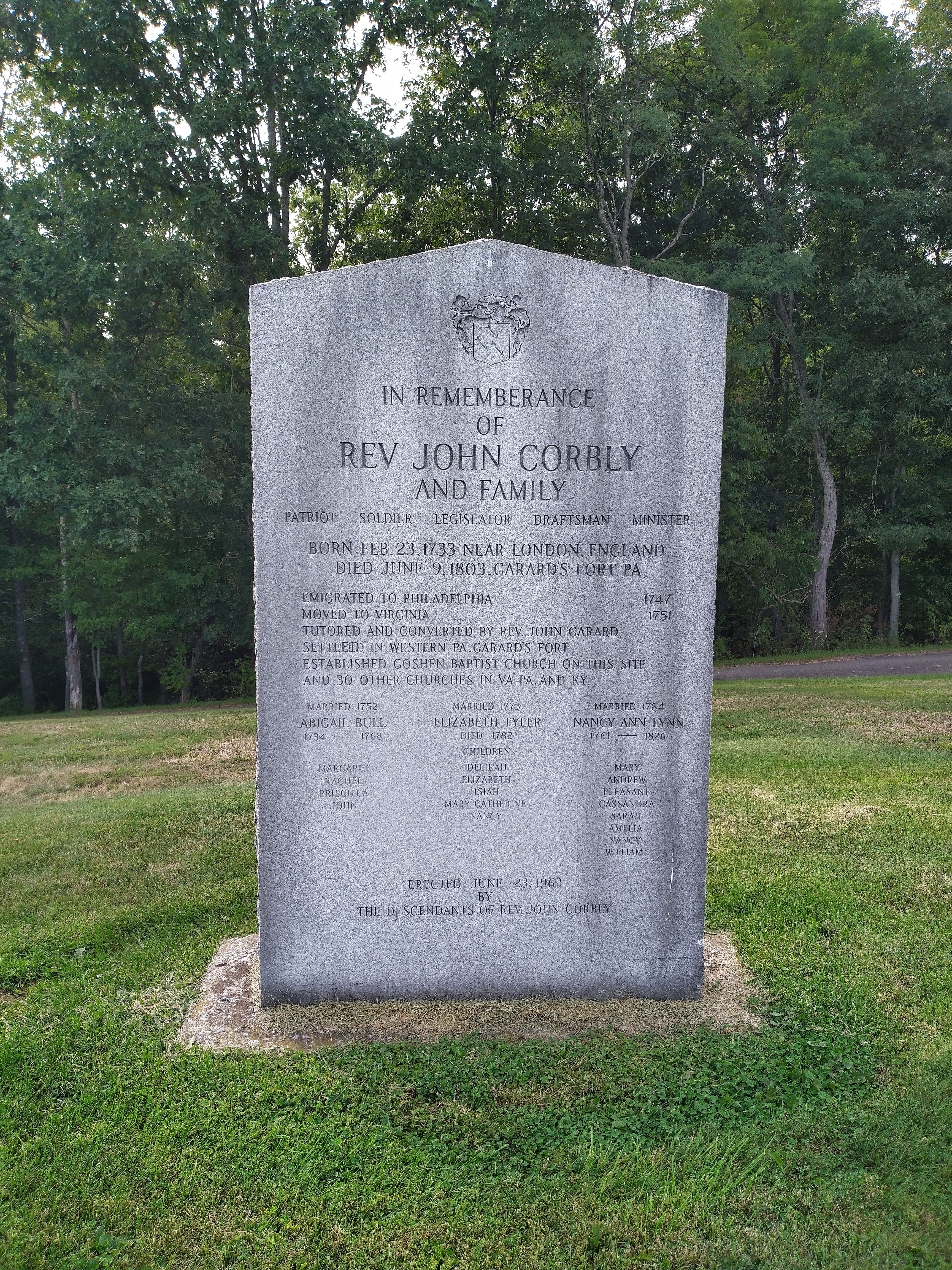 Memorial to John Corbly and family in the Garard's Fort Cemetary