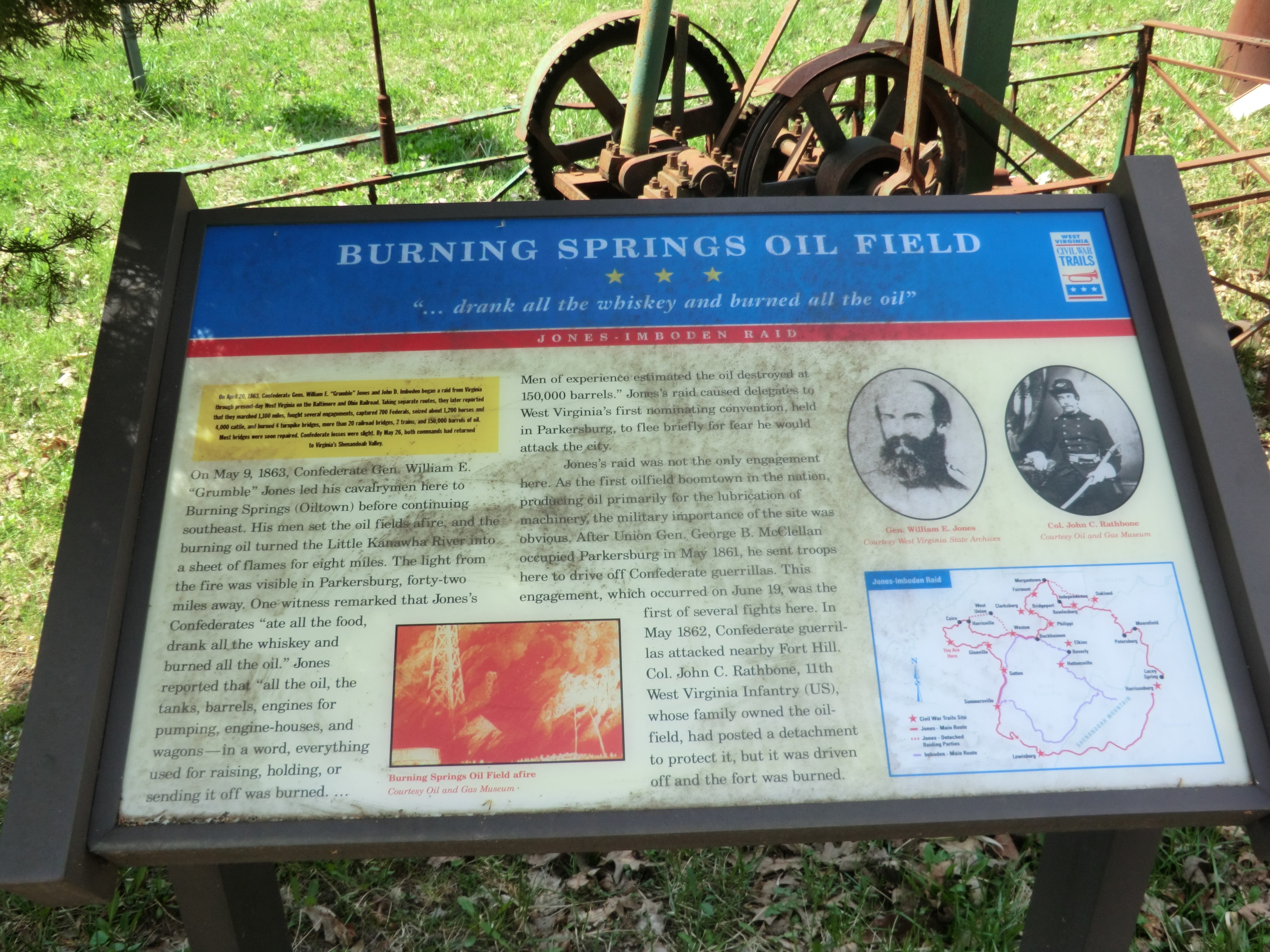 Historical marker regarding the destruction of the Burning Springs oilfields.