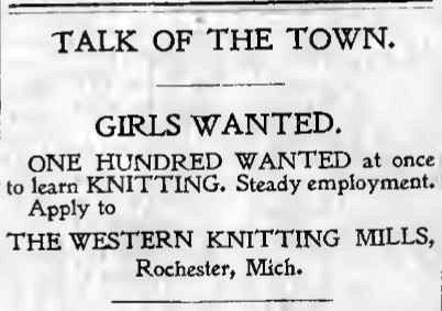 Western Knitting Mills employment ad, 1897