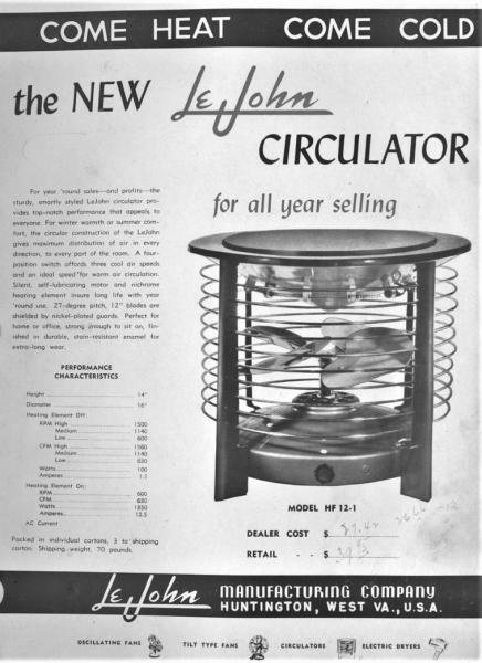 Ad for hassock-style fan, which also worked as a heater, 1949