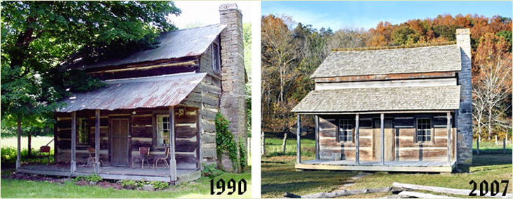 1990 vs 2007 image of the Buford-Carty Log Cabin. Restorations occurred in 2006.