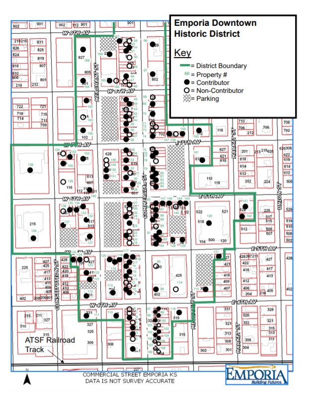 Map of Emporia Downtown Historic District from 9th St. southward, Moore's Block = #100 green (Davis 2011)