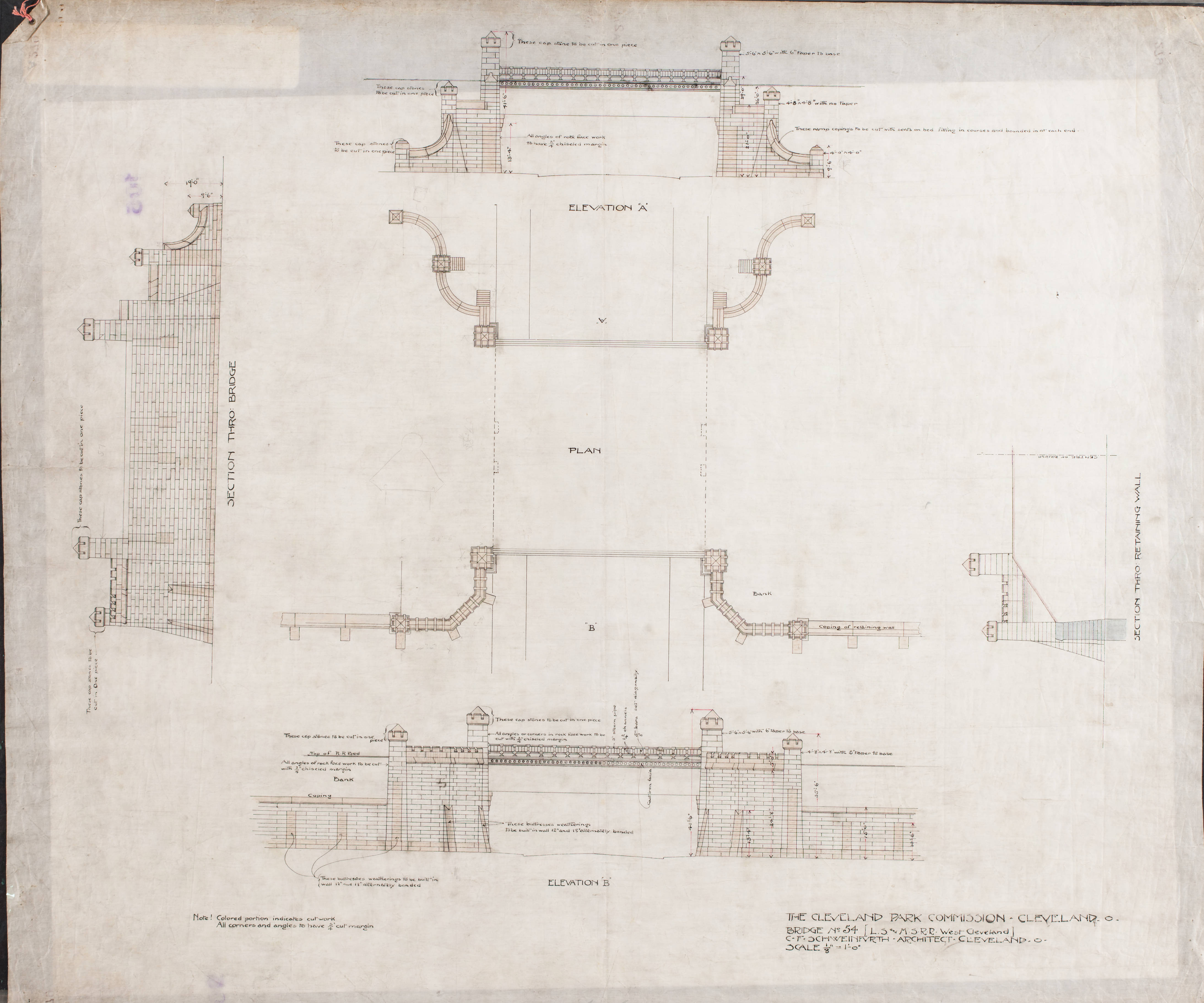 Shweinfurth's Drawings of Elevations, Sections, Masonry Plan of Bridge 54 1897.