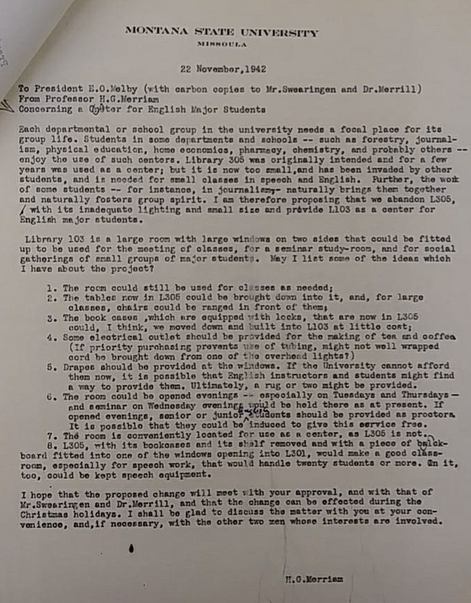 A 1942 letter Merriam wrote to the University President advocating for English students
