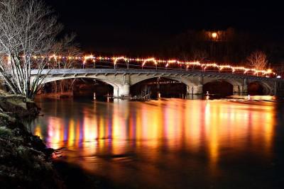 The bridge lit up at Christmas time