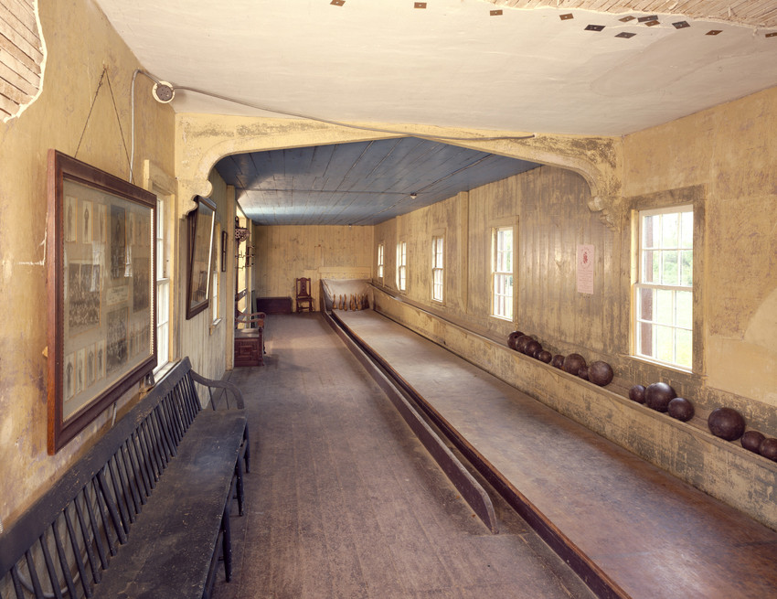 An interior shot of the bowling alley. 