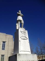 This image portrays the very large statue of General Alfred Mouton that stands in front of the old courthouse within Lafayette, LA. It has been attempted removal several times, but still stands today. The statue is still a very strong frame showing that the lost cause is still alive within the south and seems to be going nowhere without the removal of the statue.