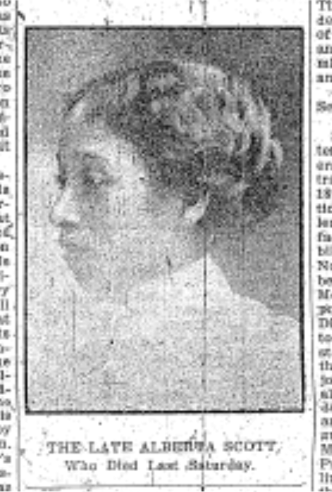 A black-and-white profile of a black woman with hair pinned looking to the left. The caption below reads "The late Alberta Scott, who died last Saturday."
