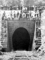 Workers pose during construction of the Dingess Tunnel. Image obtained from the West Virginia Encyclopedia. 