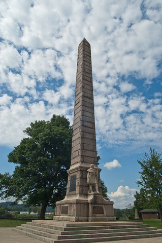 The obelisk memorializing the battle at Tu Endie Wei State Park, dedicated in 1909 at the height of the movement to redefine Point Pleasant as a Revolutionary War battle.
