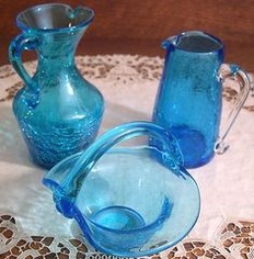 Mini Pitcher Vase Peacock Blue Crackle Art Glass With Applied Handle and  Spout Kanawha Pilgrim Vintage 60s 70s 