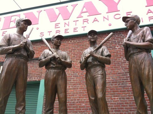 Teammates statue outside Gate B at Fenway Park on Van Ness Street