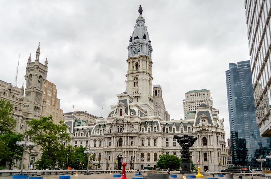 Statue of William Penn in Philadephia, Pennsylvania. One might specify that  this is the ground-based statue of the founder of Pennsylvania and one of  the planners of Philadelphia. A more famous version