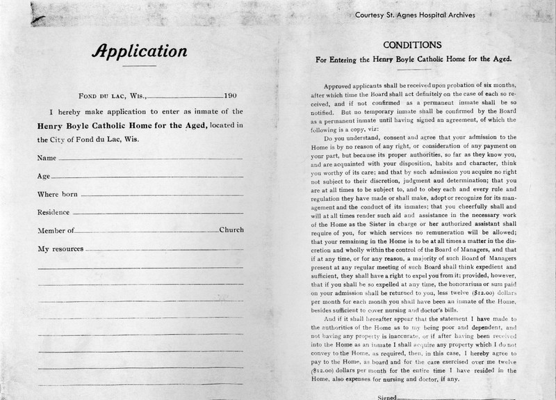 Application for Entering Henry Boyle Catholic Home for the Aged