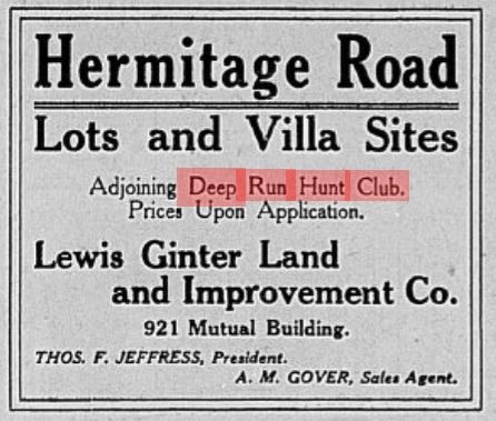 1908 local newspaper ad for new building lots adjoining Deep Run Hunt Club