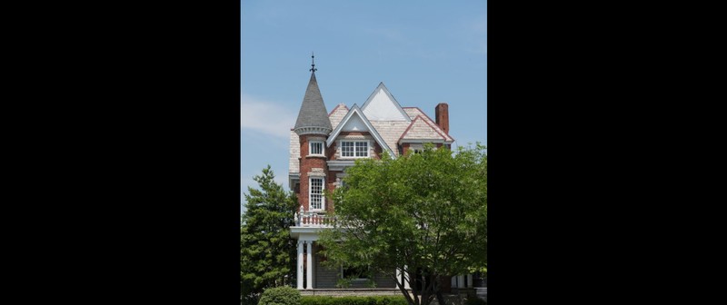 View, focusing on the narrow turret of the Campbell-Hicks House