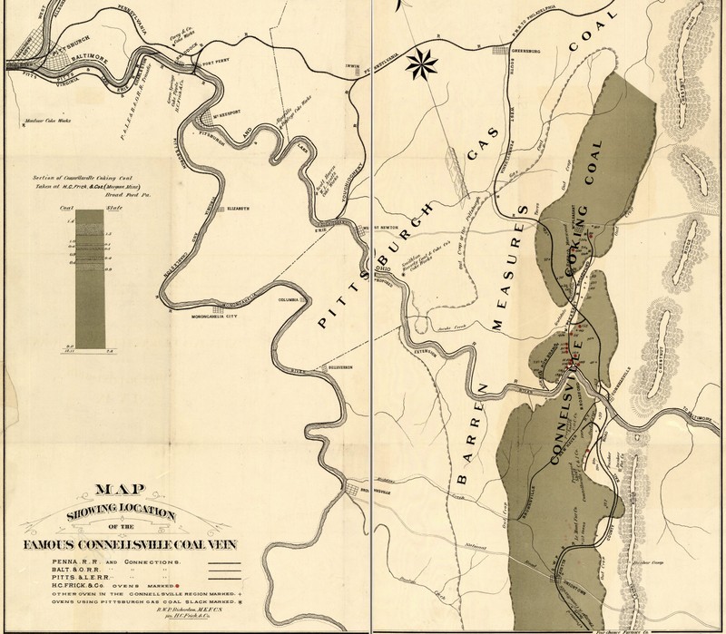 This map shows the Connellsville coal vein and the locations coal veins, rail lines, and coke ovens.