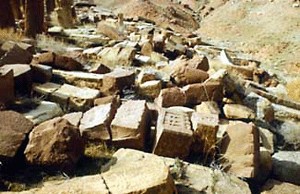 Destroyed khachklars of Djulfa cemetery used for building materials, 1987.