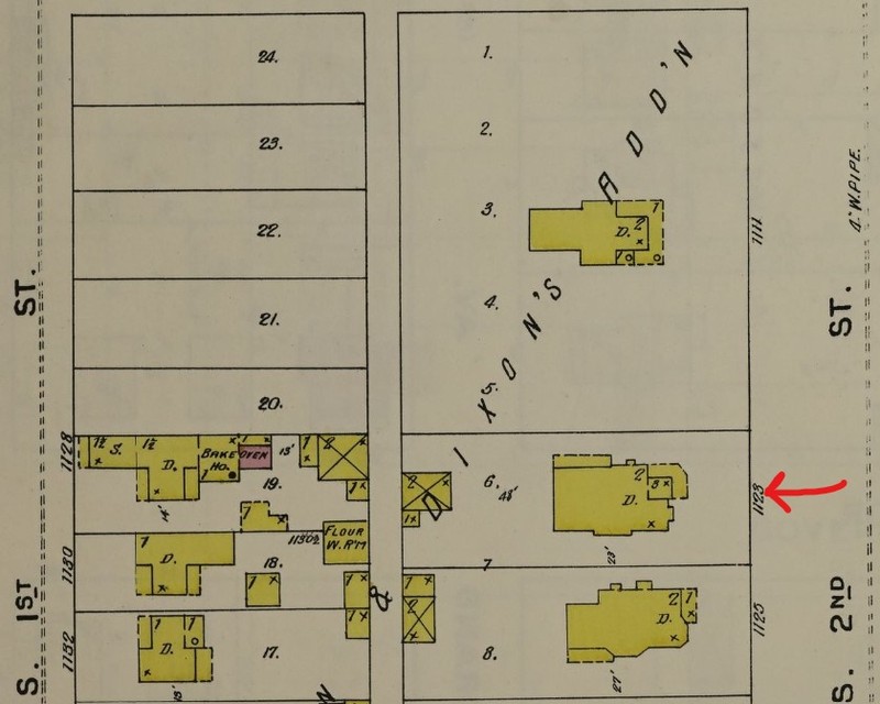 H.P. Boult House (red arrow) on 1896 Sanborn map (yellow = wood) of Springfield (p. 34)