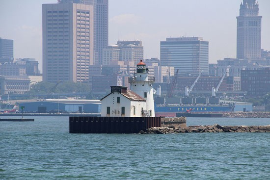Cleveland Main Lighthouse (originally West Pierhead Light). This lighthouse was built in 1911 along with the East Pierhead light. Both are located on breakwaters built by the Army Corps of Engineers. There were lodgings for a keeper in the tower. The fog horn was added in 1916 and kept in the small house structure.