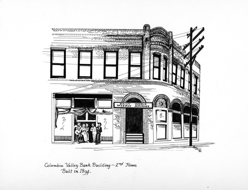 An illustration by artist Betty Bell of the second home of Columbia Valley Bank.
