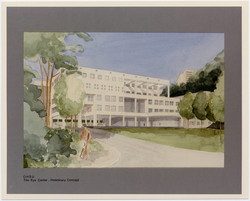 Watercolor painting of the preliminary design concept for the Casey Eye Institute depicts a large white modernist building against a park-like background.