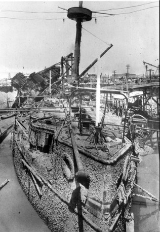 A glass plate slide of the wreck of the Maine, raised 1912, from the estate of Lt. C.J. Dutreaux. NHHC photo.