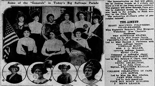 Images of the leaders of the 1914 suffrage parade, which first appeared in the Pittsburgh Post, May 2, 1914.