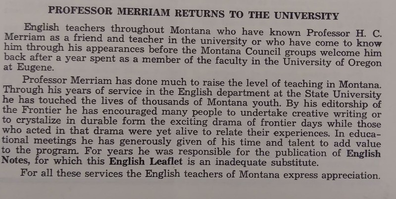 Flyer mentioning Merriam returning to UM after teaching in Oregon