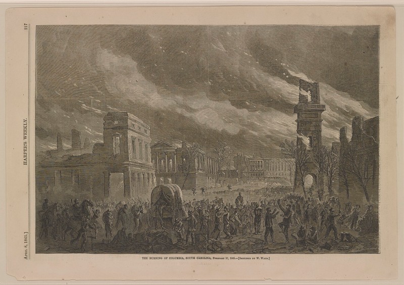 Sketch of burning of Columbia on February 17, 1865 (Wm. Waud in Harpers Weekly 4-8-1865)