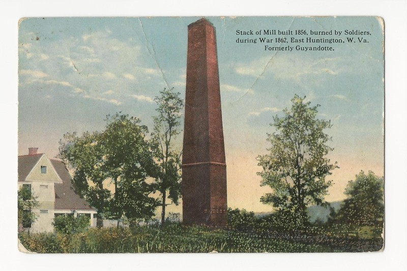 Postcard depicting the Buffington Mill's smokestack 