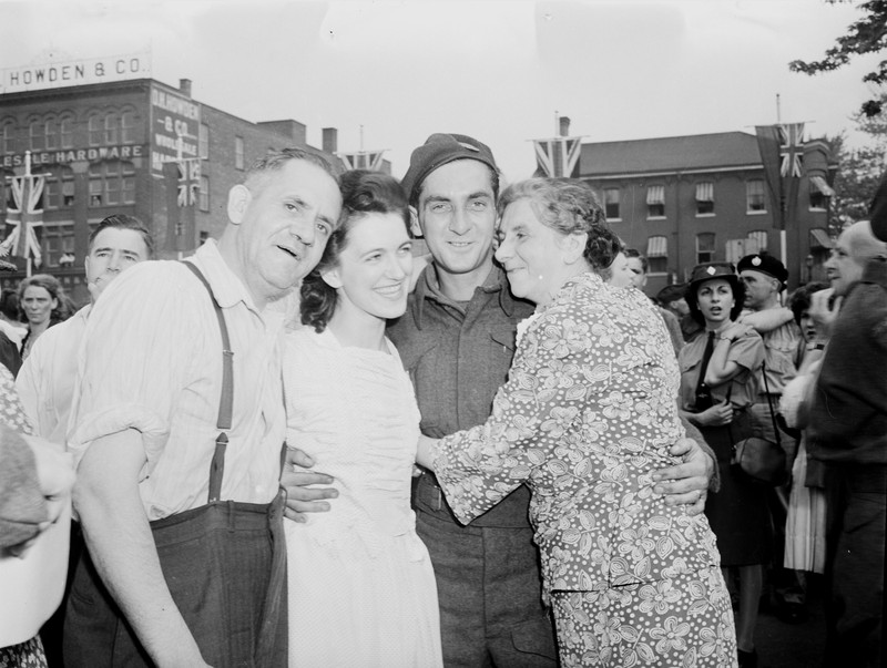 Londoners reuniting with soldiers at the CNR Station on York Street, June 23, 1945.