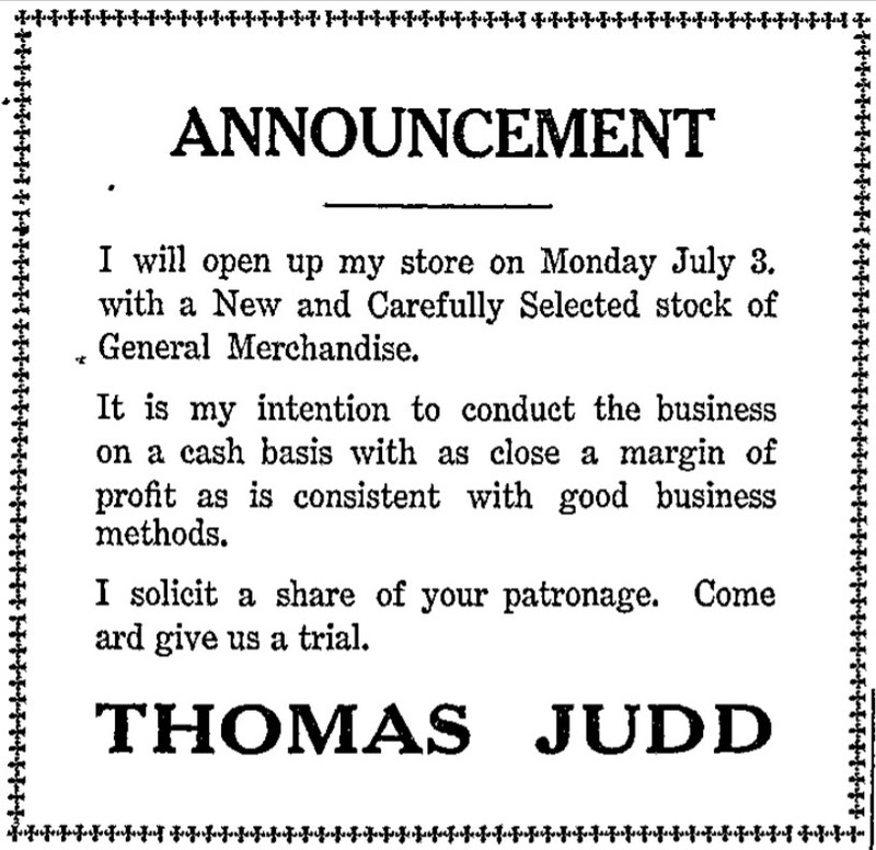 1911 newspaper announcement, Thomas Judd opening a new store