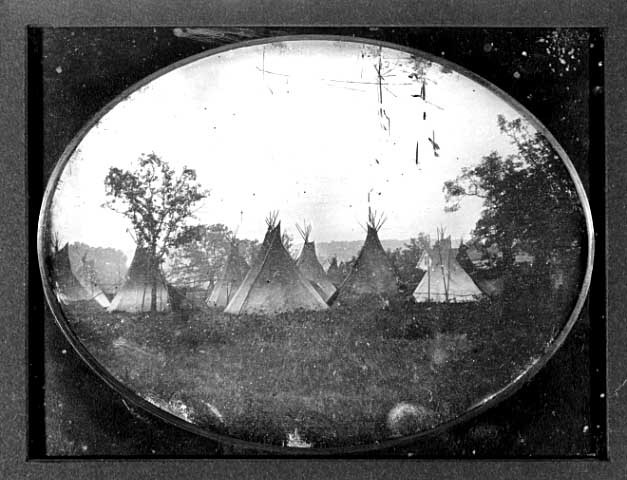 Native American tepees circa 1852, with the newly built Stevens house in the background 