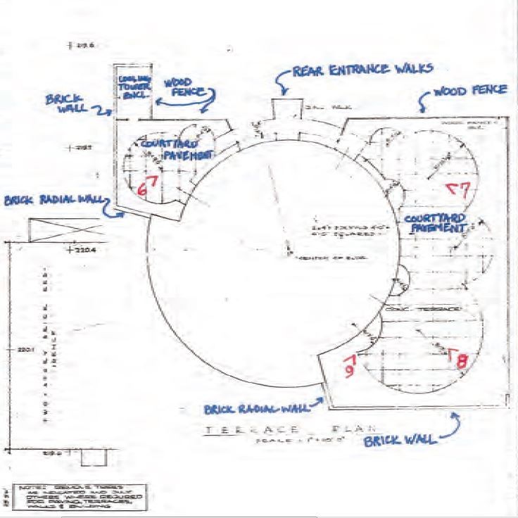 Sketch plan of courtyard from 1954 architectural drawings, NRHP labels added 2017