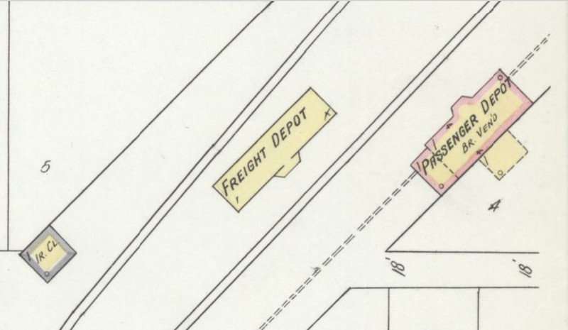 New depot/ passenger - brick veneered (red) and old depot/ freight - wood frame (yellow) on 1912 Sanborn map (p. 3)