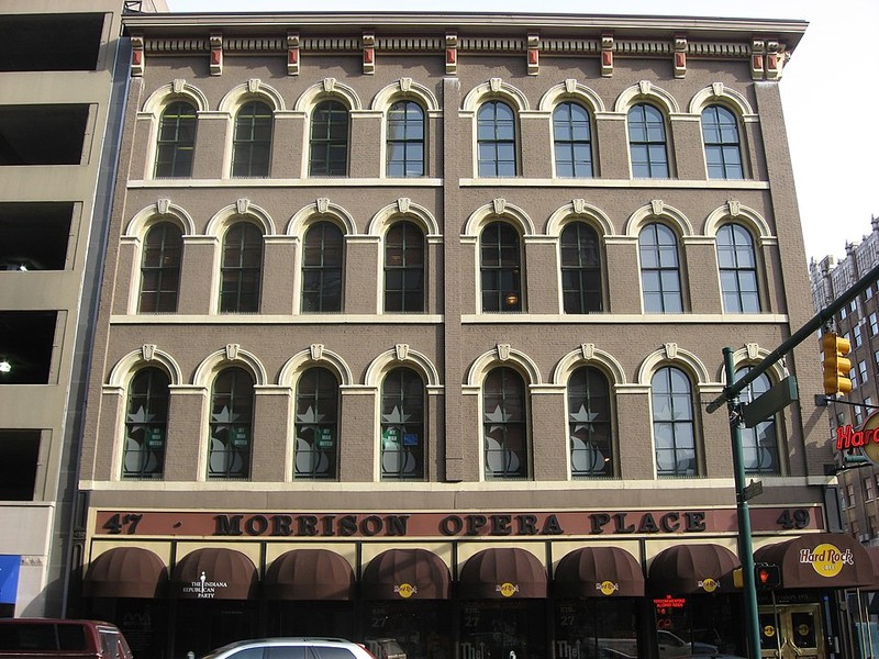 2010 photograph of Morrison Block by nyttend; Hard Rock Cafe and Indiana Repub;ican Party 1st floor (Wikipedia)