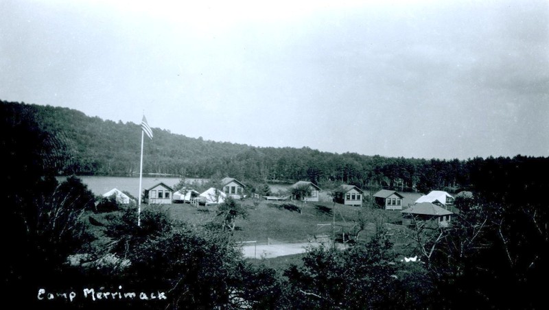 Postcard image of cabins at Camp Merrimack located in Hopkinton, N.H.