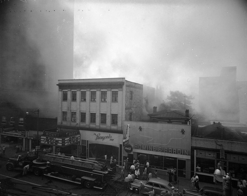 Smoke fills the air during the August 1952 fire at the Roxy