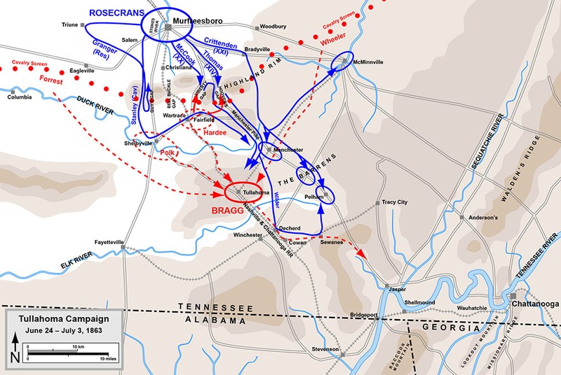 This map covers all the battles of the Tullahoma Campaign in Tennessee, which includes Bedford and Rutherford Counties.