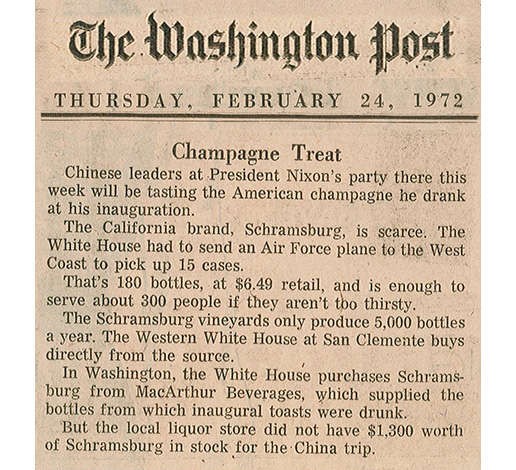 1972 article in the Washington Post notes that Schramsberg Vineyard sparkling wine was served at the "Toast to Peace" between President Nixon and Chinese Premier Zhou Enlai