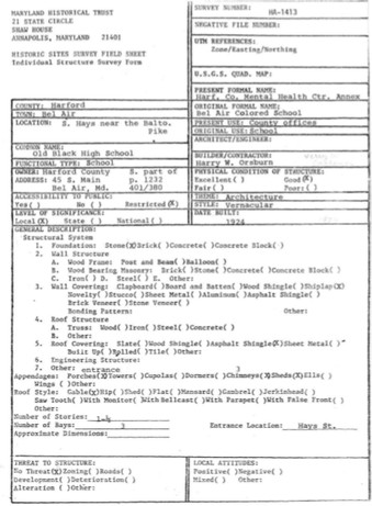 Form from the architectural survey describing the dimnesions and materials of the building