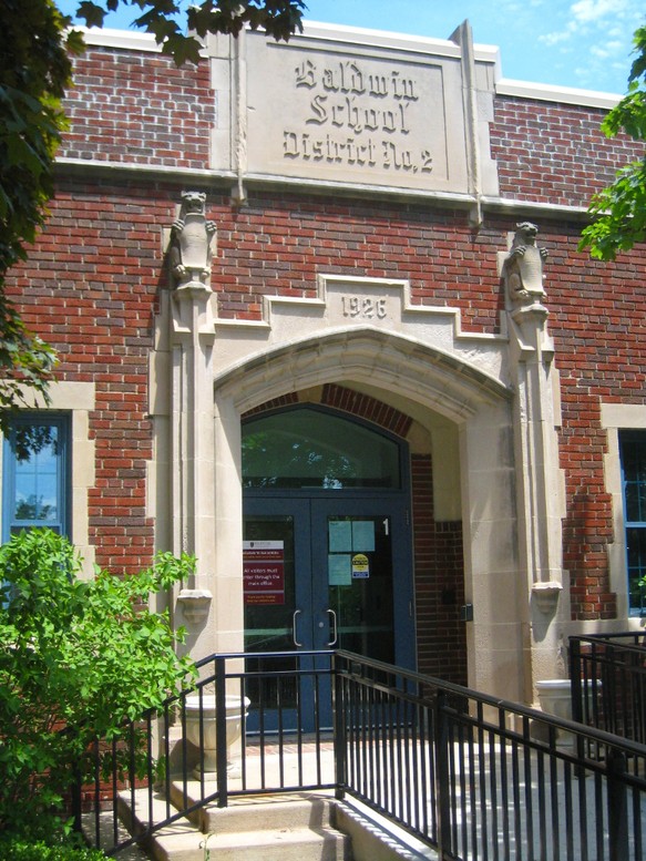 New Baldwin School building, south elevation main entrance, 2020