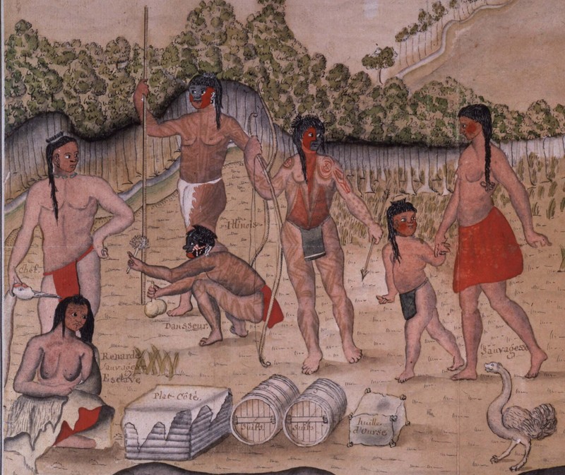 This 18th century painting depicts the Inoca natives. Early French explorers described the Inoca as fine and grace people who were full of life. The men were heavily tattooed and often acted as war chiefs and peace chiefs. Influential women served as peace chiefs, too.