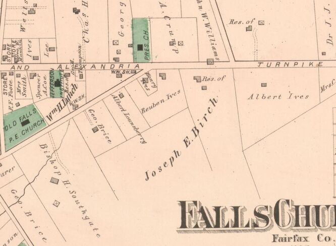 Birch House (Residence of Joseph E. Birch) on 1878 Hopkins Atlas map, Town of Falls Church, p. 64